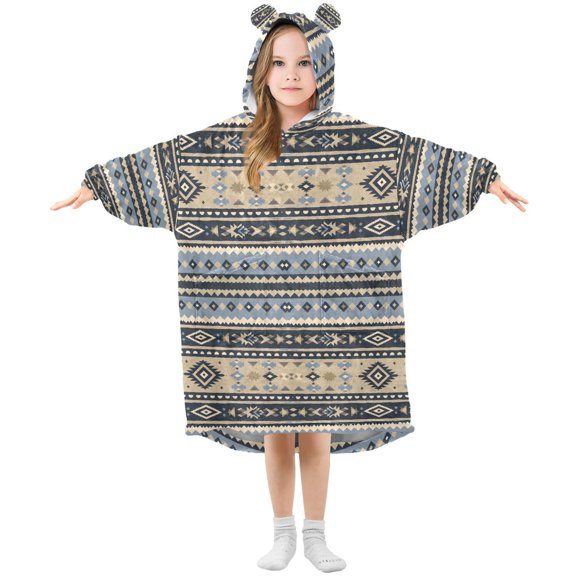 BZSMCE Oversized Hooded Wearable Blanket Wrap Bear Yellow and Blue Aztec Pattern Printed Double-Sided Plush Lounge Robe Machine Washable