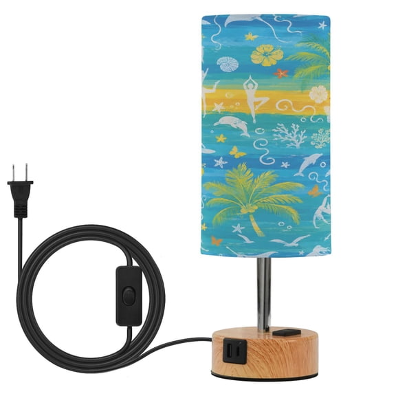 BZSMCE Palm Tree Dolphin Printed 3 Color Touch Control Table Lamp Linen Shade LED Nightstand Lamp with Wood Grain BaseUS Standard Power Cord