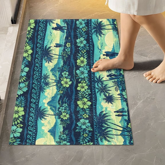 BZSMCE Palm Trees Hibiscus Flowers Pattern 2-Piece Non-Slip Absorbent Bathroom Rug Set, Soft Bath Mat & Toilet Rug