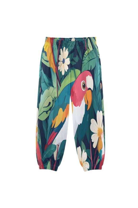 BZSMCE Parrot White Daisy Pattern Print Elastic Waist Jogger Pants Lightweight Wind Resistant Casual Athletic Trousers with Cuffed Ankles & Side Pockets