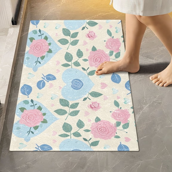 BZSMCE Pastel Hearts and Roses Seamless Vector Pattern 2-Piece Non-Slip Absorbent Bathroom Rug Set, Soft Bath Mat & Toilet Rug