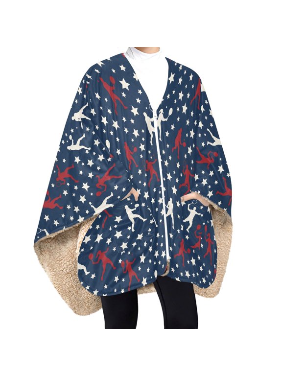 BZSMCE Pattern Stars People Playing Print Wearable Blanket Poncho DoubleLayer Fleece Sherpa Wrap Blanket With Zipper & Pockets Cozy Sleeveless Warm Throw Blanket