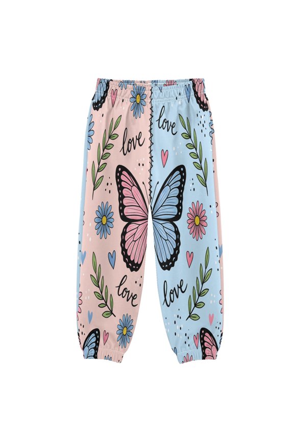 BZSMCE Pink and Blue Butterfly Pattern Print Elastic Waist Jogger Pants Lightweight Wind Resistant Casual Athletic Trousers with Cuffed Ankles & Side Pockets