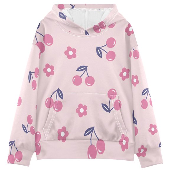 BZSMCE Pink Cherry Pattern Print Hoodie Casual Pullover Sweatshirt With Kangaroo Pocket