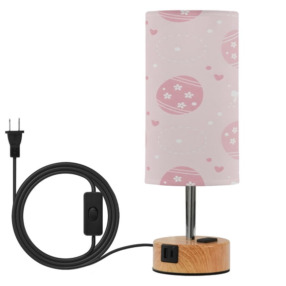 BZSMCE Pink Easter Egg Printed 3 Color Touch Control Table Lamp Linen Shade LED Nightstand Lamp with Wood Grain BaseUS Standard Power Cord