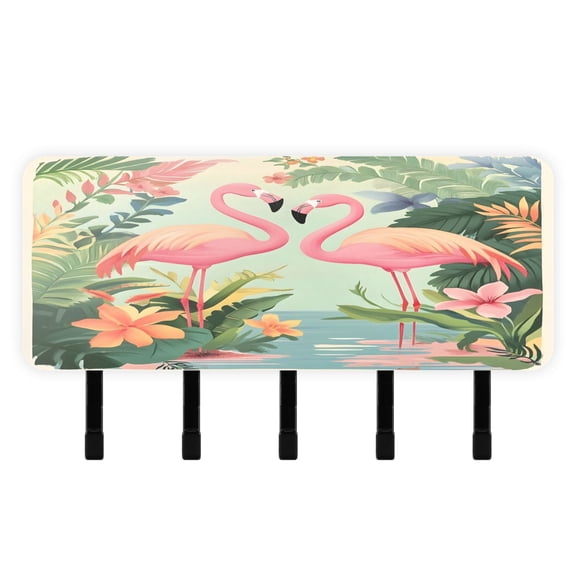 BZSMCE Pink Flamingo Print Mount Hook Rack 5Hook Acrylic ReversePrint Wall Hanger With Hidden Storage Compartment