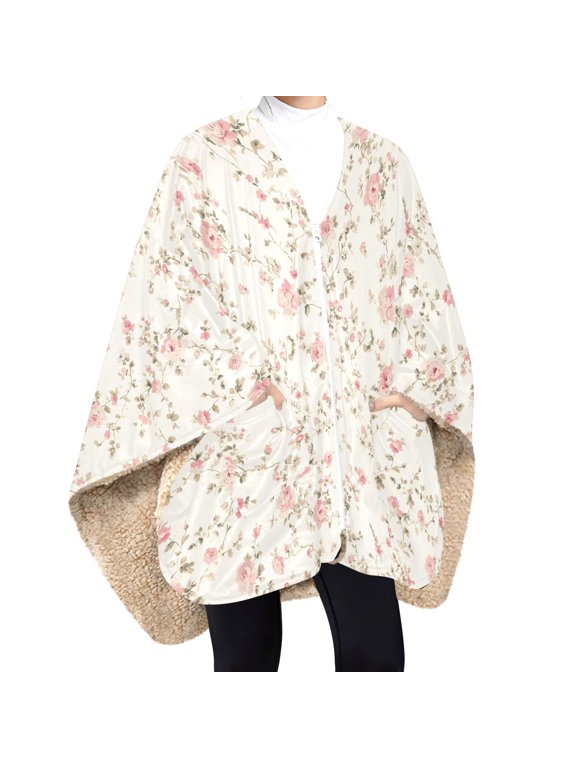 BZSMCE Pink Floral Pattern Print Wearable Blanket Poncho DoubleLayer Fleece Sherpa Wrap Blanket With Zipper & Pockets Cozy Sleeveless Warm Throw Blanket