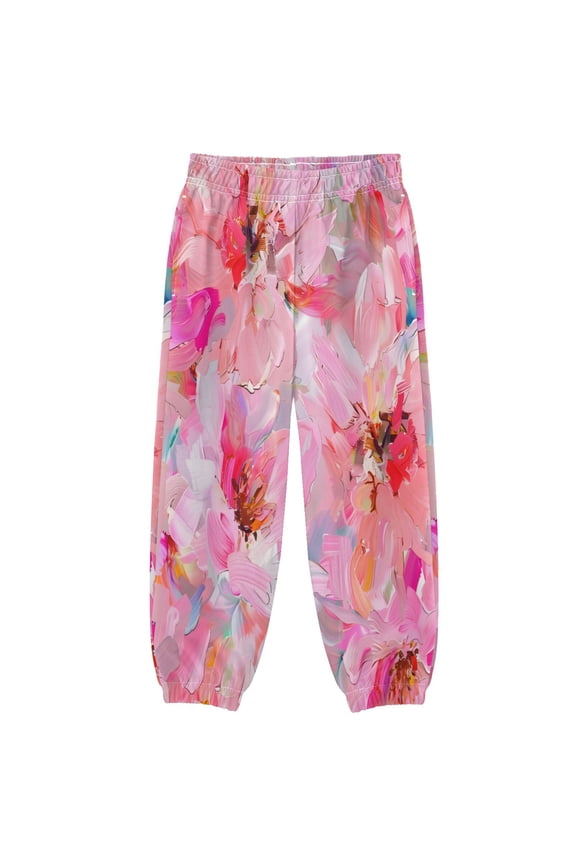 BZSMCE Pink Oil Flower Print Elastic Waist Jogger Pants Lightweight Wind Resistant Casual Athletic Trousers with Cuffed Ankles & Side Pockets