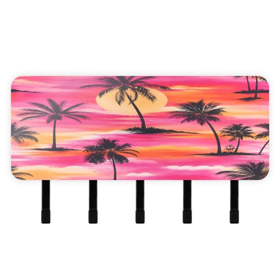 BZSMCE Pink Palm Tree Silhouette Pattern Print Mount Hook Rack 5Hook Acrylic ReversePrint Wall Hanger With Hidden Storage Compartment