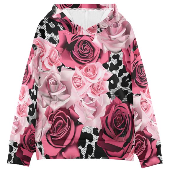 BZSMCE Pink Rose Red Rose Pattern Print Hoodie Casual Pullover Sweatshirt With Kangaroo Pocket