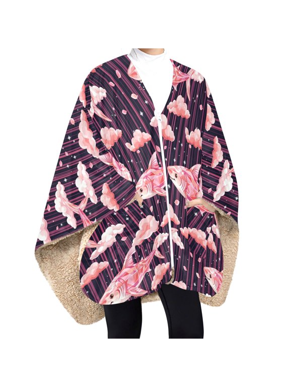 BZSMCE Pink Shark Pattern Panda and White Cloud Pattern Print Wearable Blanket Poncho DoubleLayer Fleece Sherpa Wrap Blanket With Zipper & Pockets Cozy Sleeveless Warm Throw Blanket