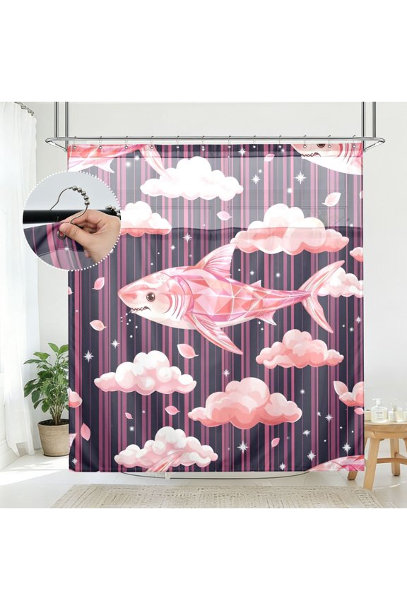 Pink Shark Pattern Pattern Bathroom Shower Curtain Set with Hooks Waterproof Double Layer Fabric 7278 Inch
