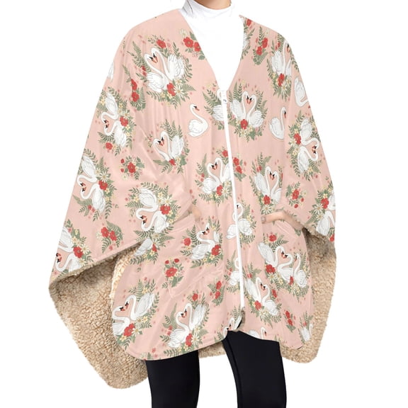 BZSMCE Pink Swans Flowers Print Wearable Blanket Poncho DoubleLayer Fleece Sherpa Wrap Blanket With Zipper & Pockets Cozy Sleeveless Warm Throw Blanket