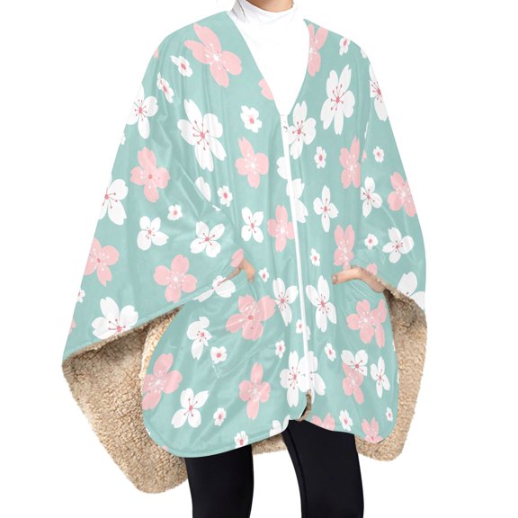 BZSMCE Pink White Cherry Blossom Pattern Panda and White Cloud Pattern Print Wearable Blanket Poncho DoubleLayer Fleece Sherpa Wrap Blanket With Zipper & Pockets Cozy Sleeveless Warm Throw Blanket