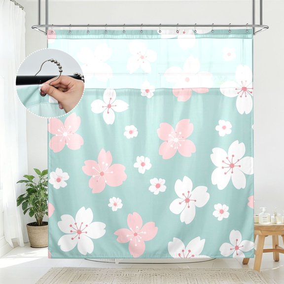 BZSMCE Pink White Cherry Blossom Pattern Pattern Bathroom Shower Curtain Set with Hooks Waterproof Double Layer Fabric 7278 Inch
