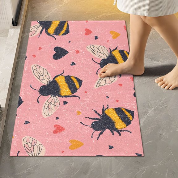 BZSMCE Pinkbeehearts Pattern Pattern 2-Piece Non-Slip Absorbent Bathroom Rug Set, Soft Bath Mat & Toilet Rug