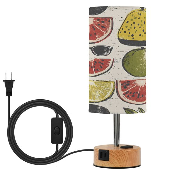 BZSMCE Plant Apple Tile Food Pattern Printed 3 Color Touch Control Table Lamp Linen Shade LED Nightstand Lamp with Wood Grain BaseUS Standard Power Cord