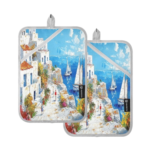 BZSMCE Pot Holder Oven Mitts Cooking Baking Mediterranean Seaside Town Creative Pattern Size:7x9.8in