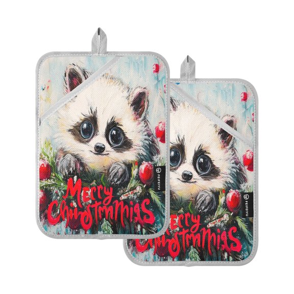BZSMCE Pot Holder Oven Mitts Cooking Baking Merry Christmas Raccoon Creative Pattern Size:7x9.8in