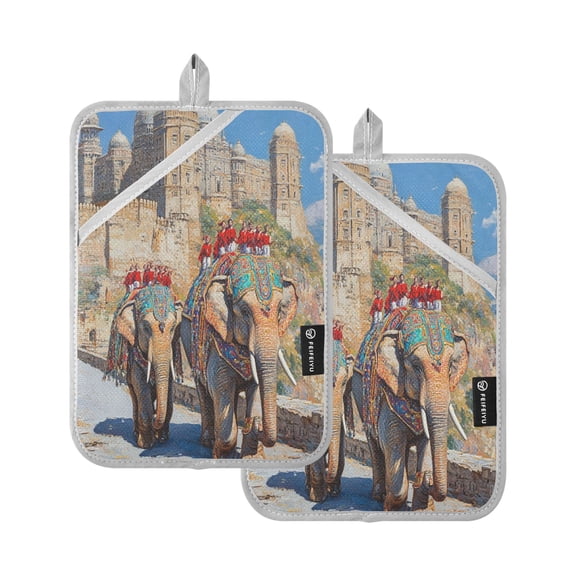 BZSMCE Pot Holder Oven Mitts Cooking baking Elephant Taking People Creative Pattern Size:7x9.8in