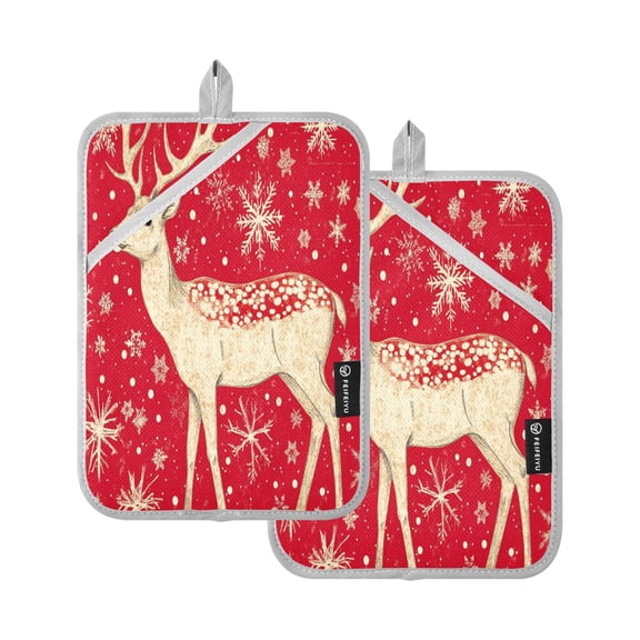 BZSMCE Pot Holder Oven Mitts Cooking baking Gold Reindeer and Snowflake Pattern Creative Pattern Size:7x9.8in