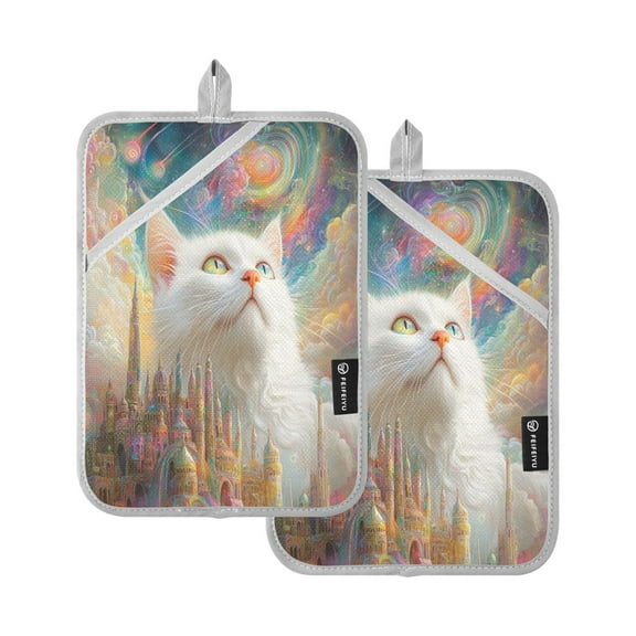 BZSMCE Pot Holder Oven Mitts Cooking baking White Cats and Tower Creative Pattern Size:7x9.8in