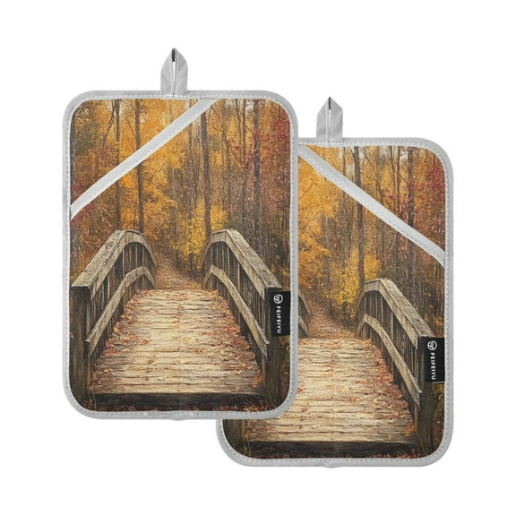 BZSMCE Pot Holder Oven Mitts Cooking baking Wooden Bridge Painting Creative Pattern Size:7x9.8in