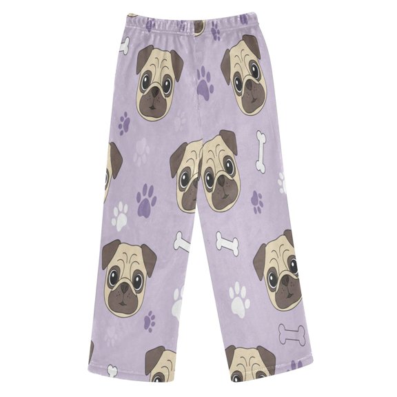 BZSMCE Pug Bones and Paws Printed Loose Fit Flannel Pajama Pants Soft Plush Elastic Waist Loungewear Bottoms with Side Pockets for Indoor Home Wear