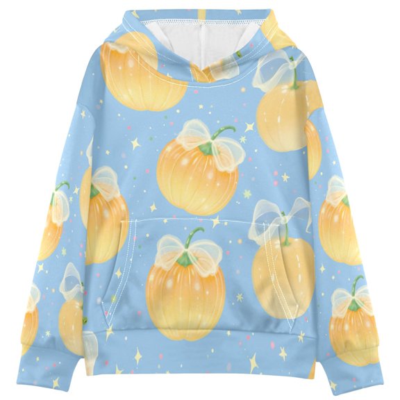 BZSMCE Pumpkin Bow Pattern Print Hoodie Casual Pullover Sweatshirt With Kangaroo Pocket