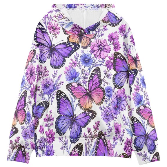 BZSMCE Purple Butterfly Pattern Print Hoodie Casual Pullover Sweatshirt With Kangaroo Pocket