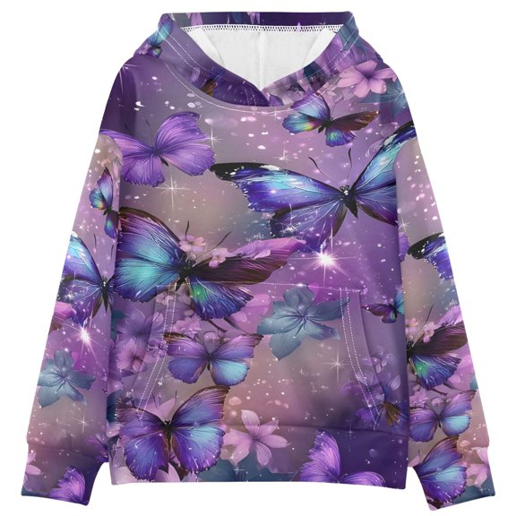 BZSMCE Purple Butterfly Print Hoodie Casual Pullover Sweatshirt With Kangaroo Pocket