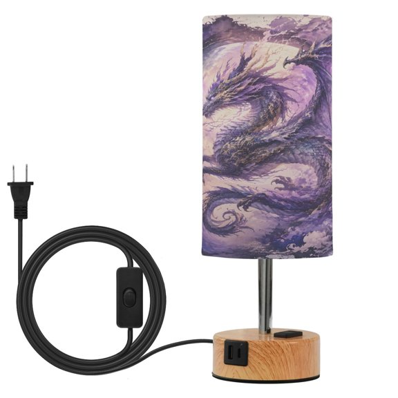 BZSMCE Purple Dragon Printed 3 Color Touch Control Table Lamp Linen Shade LED Nightstand Lamp with Wood Grain BaseUS Standard Power Cord