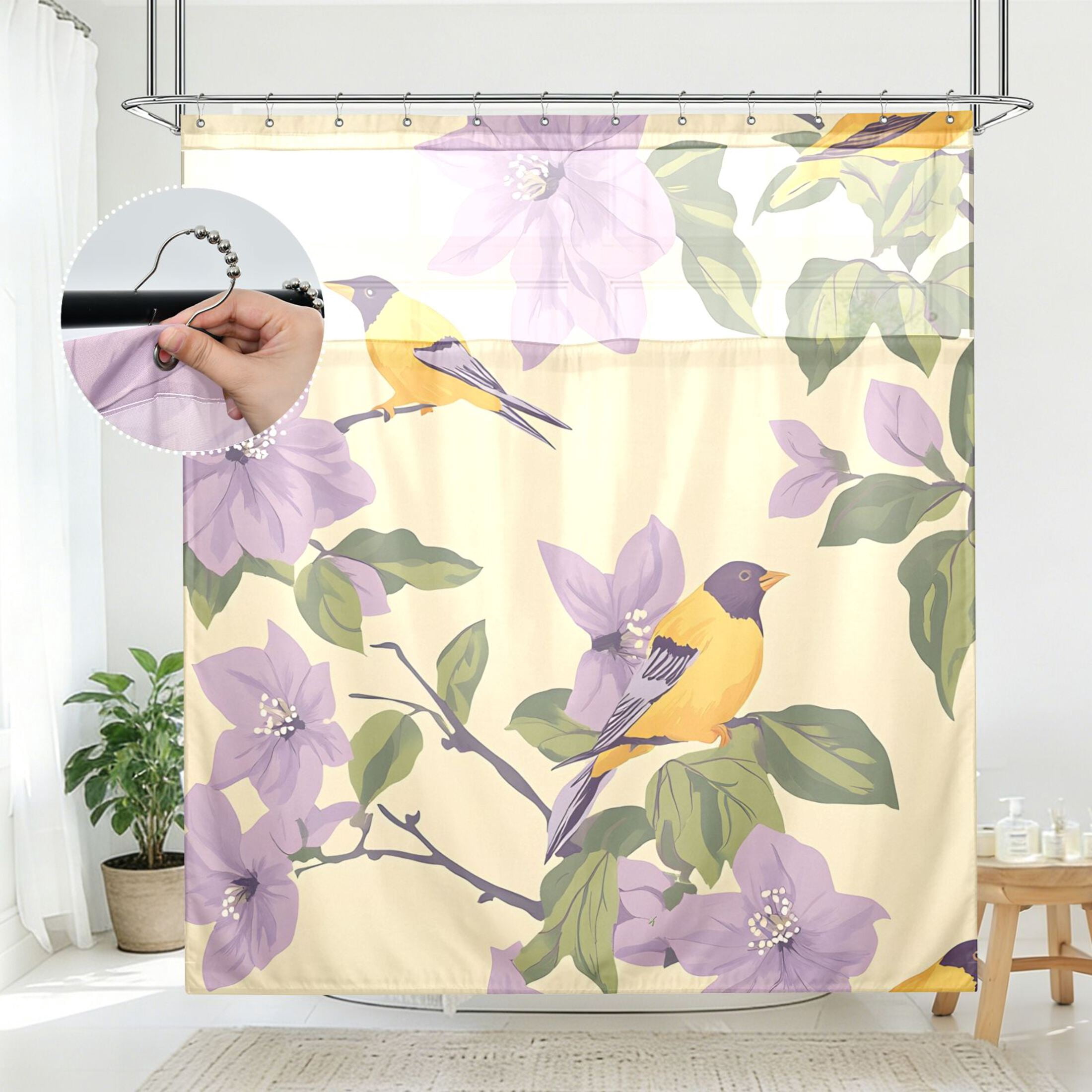 BZSMCE Purple Flower Bird Pattern Pattern Bathroom Shower Curtain Set ...