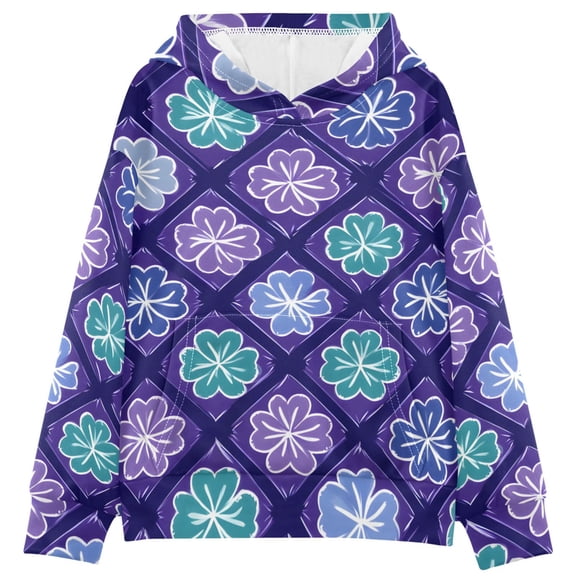 BZSMCE Purple Flowers Print Hoodie Casual Pullover Sweatshirt With Kangaroo Pocket