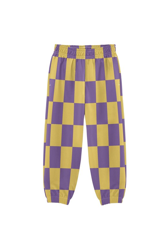 BZSMCE Purple Yellow Checked Pattern Print Elastic Waist Jogger Pants Lightweight Wind Resistant Casual Athletic Trousers with Cuffed Ankles & Side Pockets