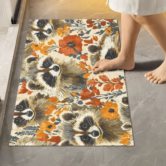 BZSMCE Raccoon and Flower Pattern Pattern 2-Piece Non-Slip Absorbent Bathroom Rug Set, Soft Bath Mat & Toilet Rug