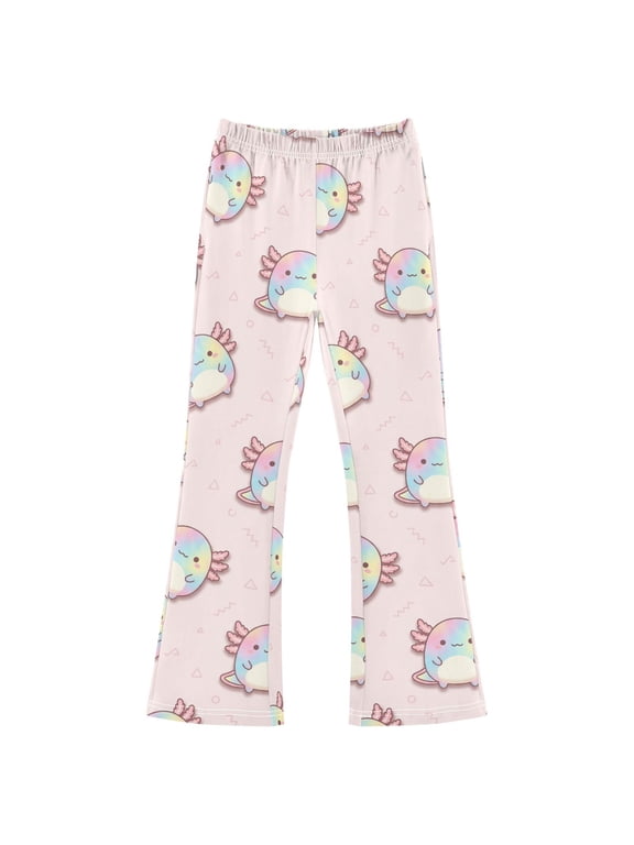 BZSMCE Rainbow Axolotl Pattern Print Flared Pants High‑Stretch Elastic Waist Bell‑Bottom Active Lounge Trousers Multi‑Size Pull‑On Casual Bottoms