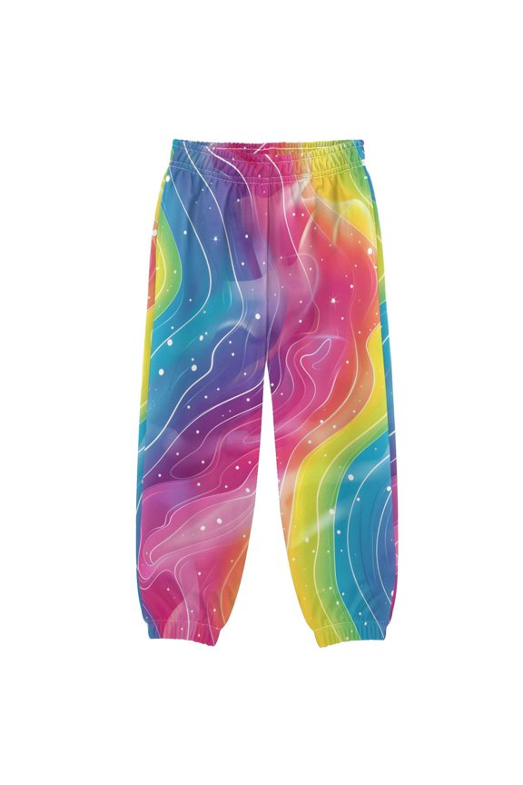 BZSMCE Rainbow Pattern Cartoon Sticker Hand-painted Illustration Aurora Glow 2d Print Elastic Waist Jogger Pants Lightweight Wind Resistant Casual Athletic Trousers with Cuffed Ankles & Side Pockets