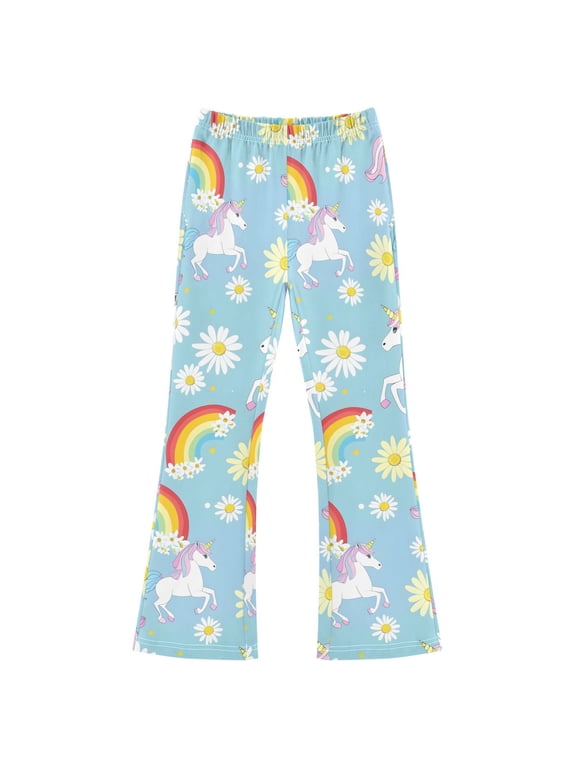 BZSMCE Rainbow White Unicorn Flower Pattern Print Flared Pants High‑Stretch Elastic Waist Bell‑Bottom Active Lounge Trousers Multi‑Size Pull‑On Casual Bottoms