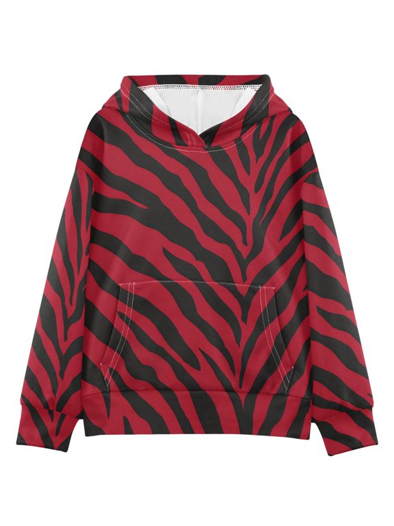 BZSMCE Red Black Tiger Stripes Pattern Print Hoodie Casual Pullover Sweatshirt With Kangaroo Pocket