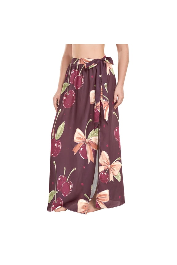 BZSMCE Red Cherry Bow Pattern Maxi Cover-Up Skirt, Lightweight Quick-Dry Fabric