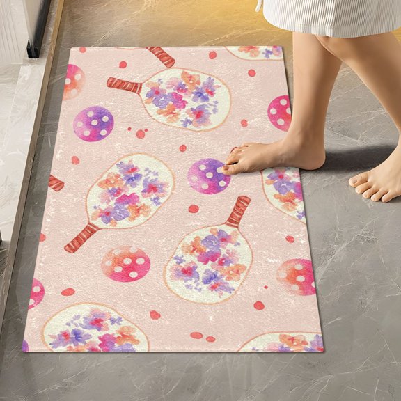BZSMCE Red Pickleball Paddles Flowers Pattern 2-Piece Non-Slip Absorbent Bathroom Rug Set, Soft Bath Mat & Toilet Rug