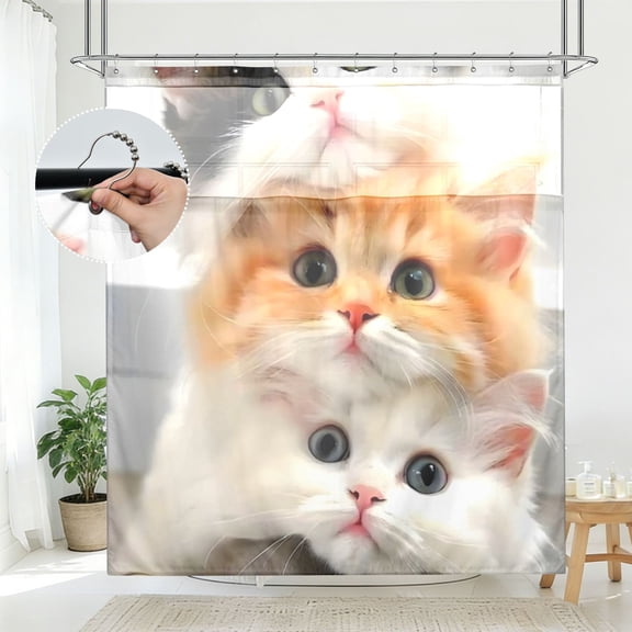 BZSMCE Red-frame Cat Pile Pattern Bathroom Shower Curtain Set with Hooks Waterproof Double Layer Fabric 7278 Inch