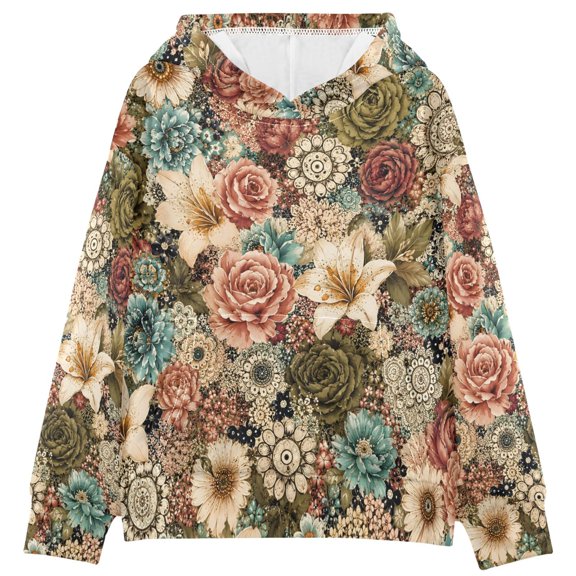 BZSMCE Retro Floral Pattern Print Hoodie Casual Pullover Sweatshirt With Kangaroo Pocket