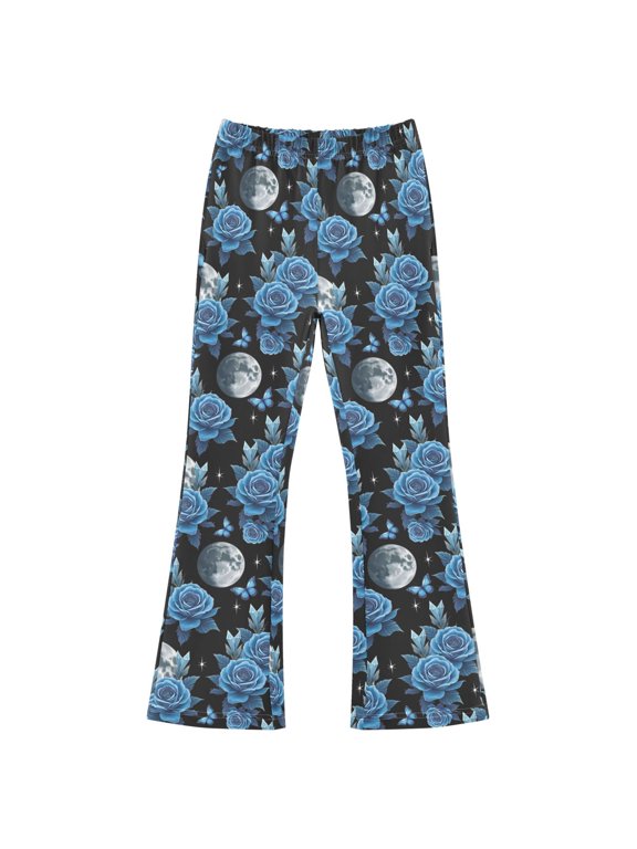 BZSMCE Rose and Moon Pattern Print Flared Pants High‑Stretch Elastic Waist Bell‑Bottom Active Lounge Trousers Multi‑Size Pull‑On Casual Bottoms