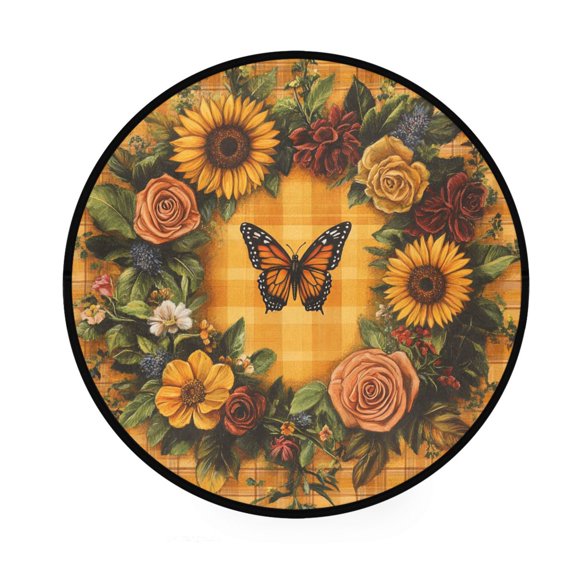 BZSMCE Round Decorative Floor Mat Butterflies and Flowers on Plaid Pattern 36.2IN