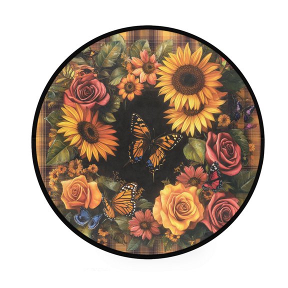 BZSMCE Round Decorative Floor Mat Butterflies and Flowers on Plaid Pattern 36.2IN