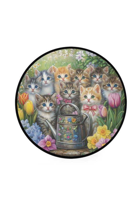 Round Decorative Floor Mat Charming Kittens in Bloom Pattern 36.2IN