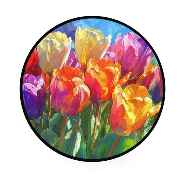 BZSMCE Round Decorative Floor Mat Cheerful Flower Parade Pattern 36.2IN