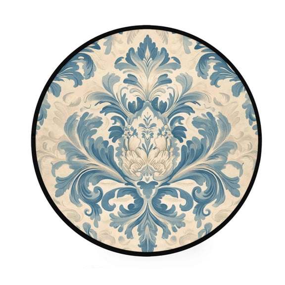 BZSMCE Round Decorative Floor Mat Classic Indigo Scroll Patter Pattern 36.2IN